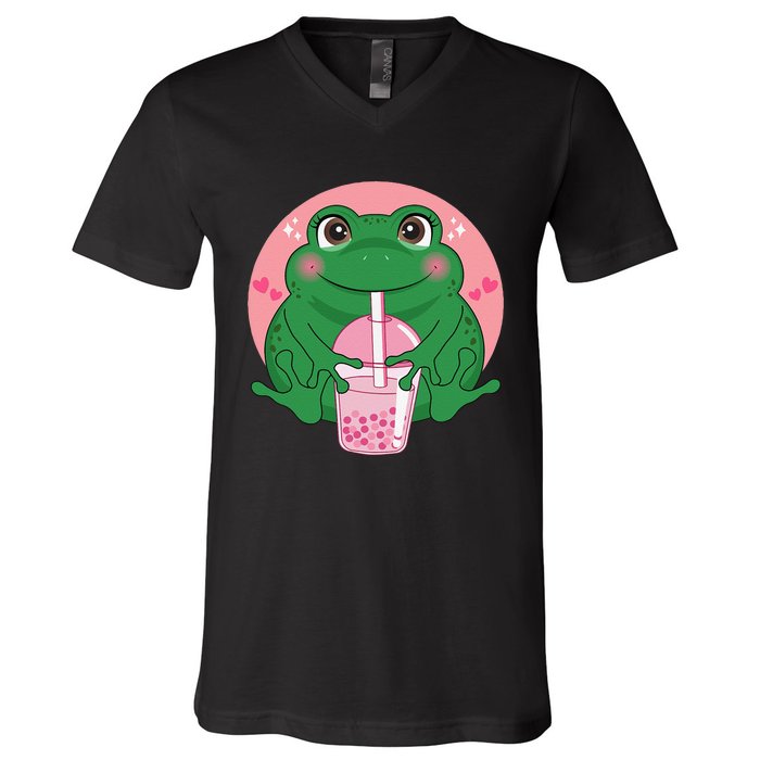 Kawaii Anime Frog Drinking Boba Tea Bubble Tea Cute Japanese V-Neck T-Shirt