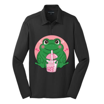 Kawaii Anime Frog Drinking Boba Tea Bubble Tea Cute Japanese Silk Touch Performance Long Sleeve Polo