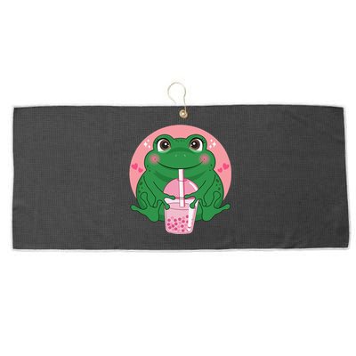 Kawaii Anime Frog Drinking Boba Tea Bubble Tea Cute Japanese Large Microfiber Waffle Golf Towel