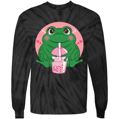 Kawaii Anime Frog Drinking Boba Tea Bubble Tea Cute Japanese Tie-Dye Long Sleeve Shirt