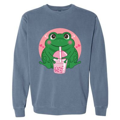 Kawaii Anime Frog Drinking Boba Tea Bubble Tea Cute Japanese Garment-Dyed Sweatshirt