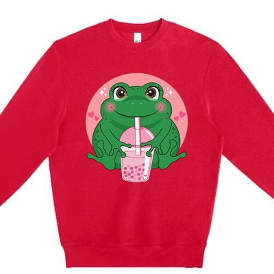 Kawaii Anime Frog Drinking Boba Tea Bubble Tea Cute Japanese Premium Crewneck Sweatshirt