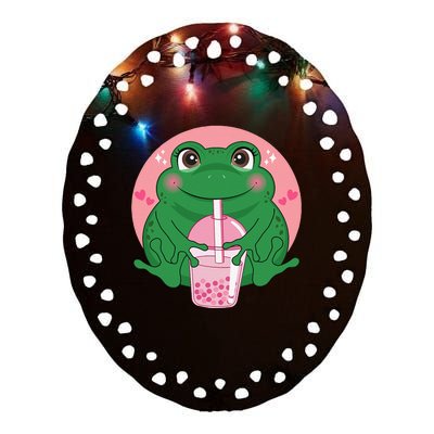 Kawaii Anime Frog Drinking Boba Tea Bubble Tea Cute Japanese Ceramic Oval Ornament