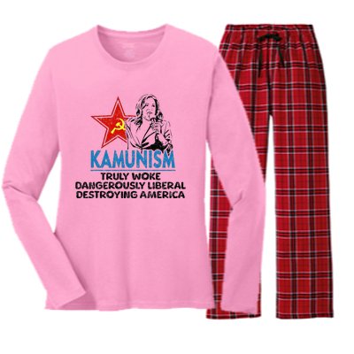 Kammunism Anti Kamala Vote Trump 2024 Political Women's Long Sleeve Flannel Pajama Set 