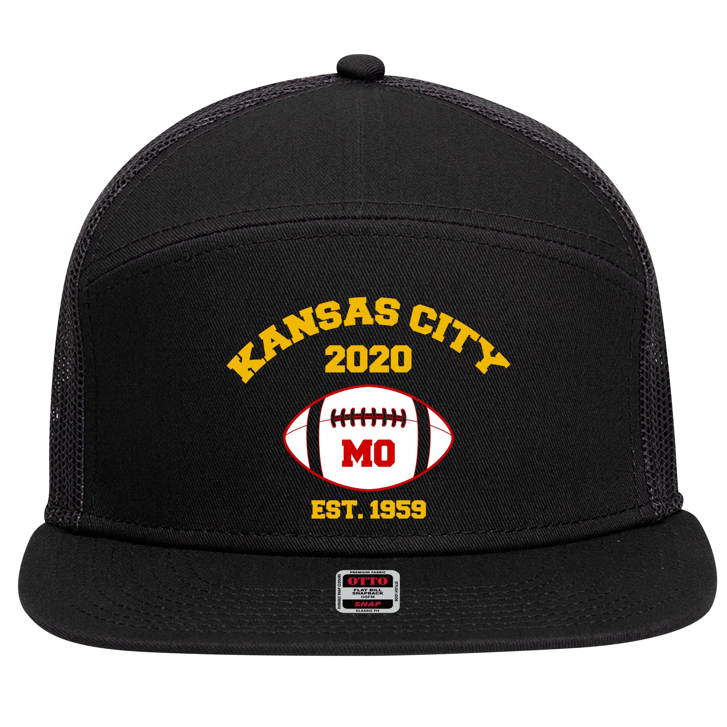 Kansas City 2020 Est 1959 KC Football 7 Panel Mesh Trucker Snapback Hat