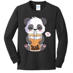 Kawaii Anime Panda Drinking Boba Bubble Tea Kids Long Sleeve Shirt