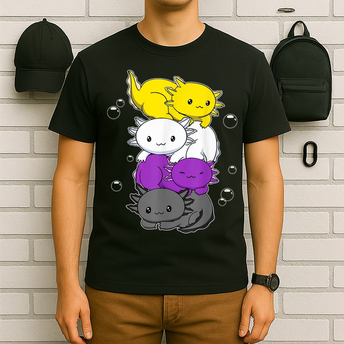 Kawaii Axolotl Pile Nonbinary Flag LGBTQ T-Shirt