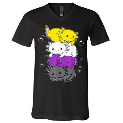 Kawaii Axolotl Pile Nonbinary Flag LGBTQ V-Neck T-Shirt