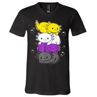 Kawaii Axolotl Pile Nonbinary Flag LGBTQ V-Neck T-Shirt