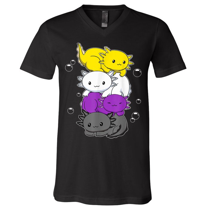 Kawaii Axolotl Pile Nonbinary Flag LGBTQ V-Neck T-Shirt