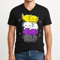 Kawaii Axolotl Pile Nonbinary Flag LGBTQ V-Neck T-Shirt