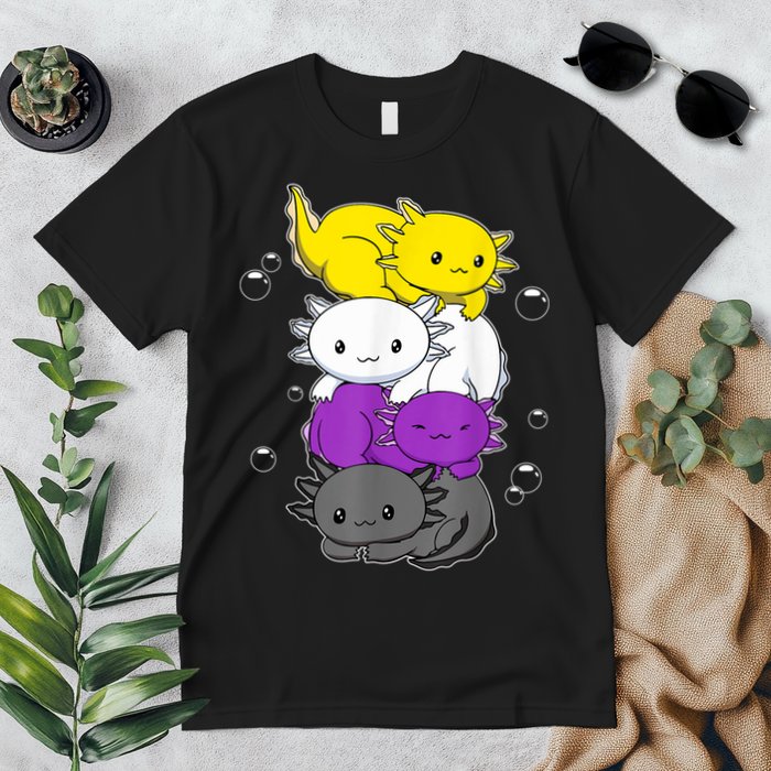 Kawaii Axolotl Pile Nonbinary Flag LGBTQ Premium T-Shirt