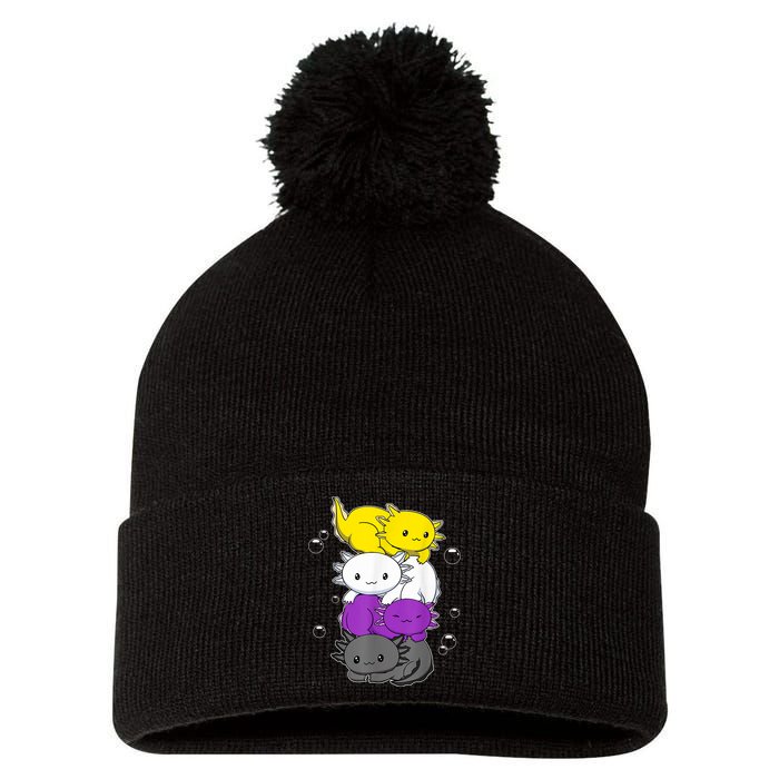 Kawaii Axolotl Pile Nonbinary Flag LGBTQ Pom Pom 12in Knit Beanie