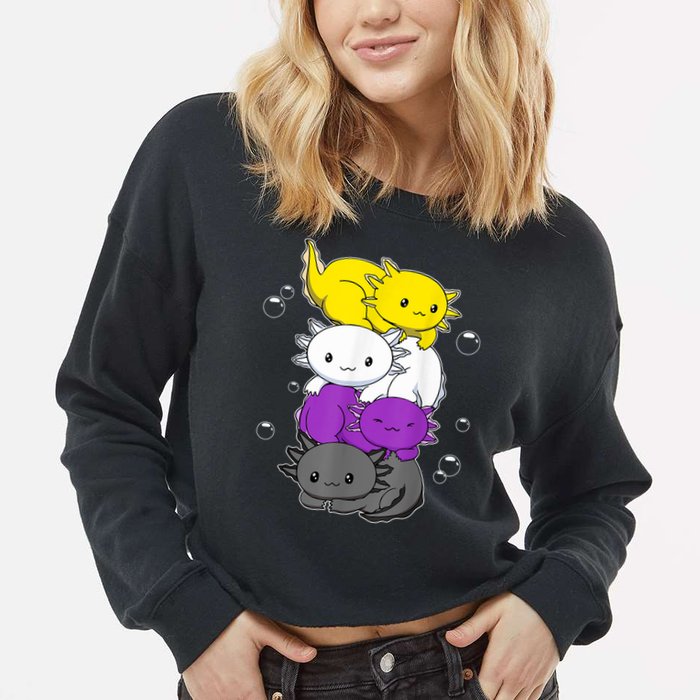 Kawaii Axolotl Pile Nonbinary Flag LGBTQ Cropped Pullover Crew