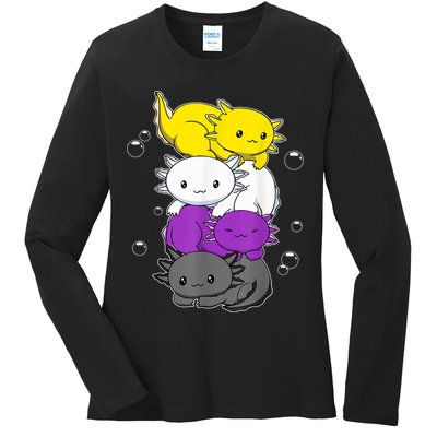 Kawaii Axolotl Pile Nonbinary Flag LGBTQ Ladies Long Sleeve Shirt