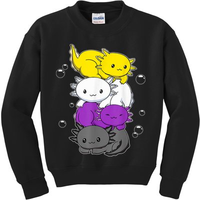 Kawaii Axolotl Pile Nonbinary Flag LGBTQ Kids Sweatshirt