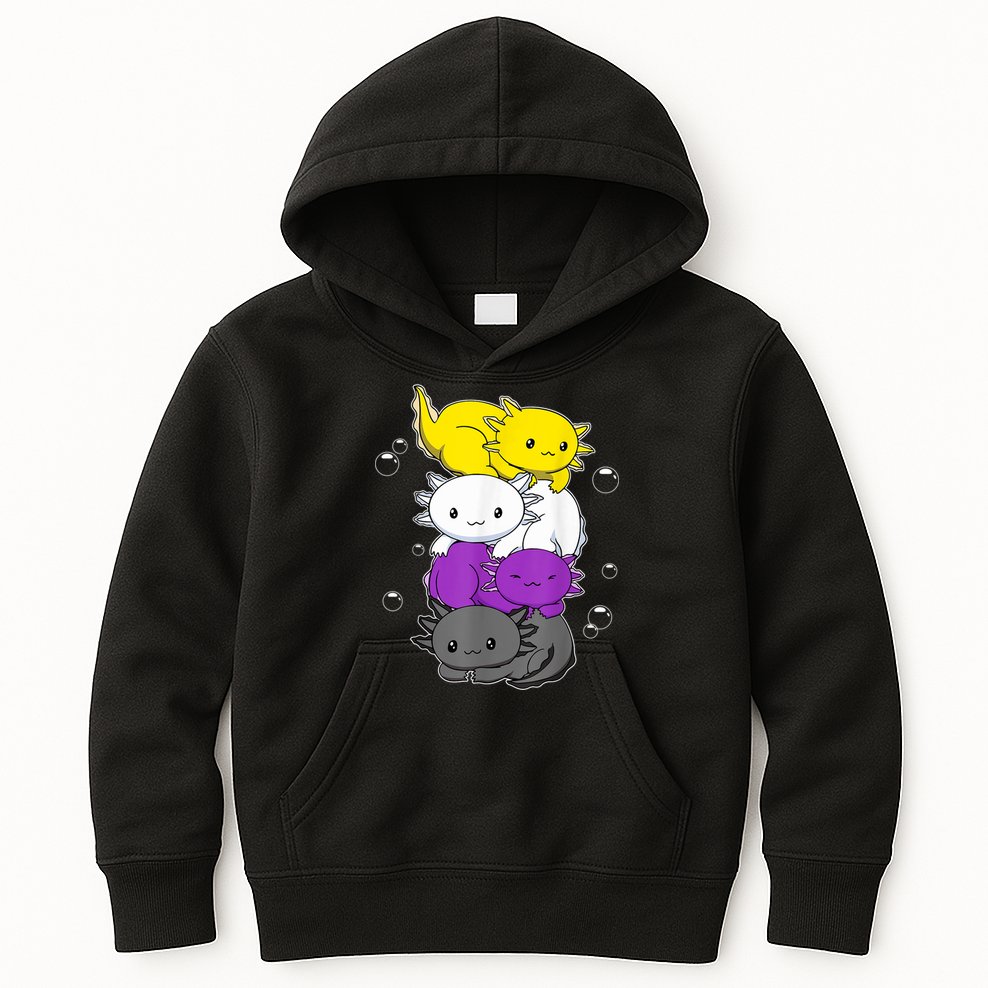 Kawaii Axolotl Pile Nonbinary Flag LGBTQ Kids Hoodie