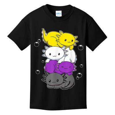 Kawaii Axolotl Pile Nonbinary Flag LGBTQ Kids T-Shirt