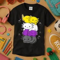 Kawaii Axolotl Pile Nonbinary Flag LGBTQ Kids T-Shirt
