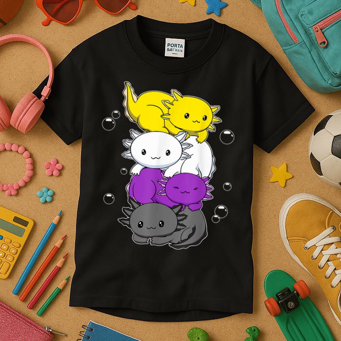 Kawaii Axolotl Pile Nonbinary Flag LGBTQ Kids T-Shirt