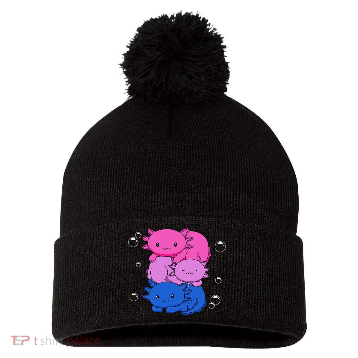Kawaii Axolotl Pile Bisexual Pride Flag Bi LGBTQ  Pom Pom 12in Knit Beanie