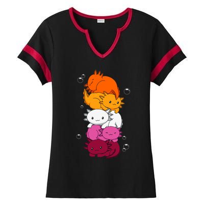 Kawaii Axolotl Pile Lesbian Pride Flag LGBTQ Ladies Halftime Notch Neck Tee