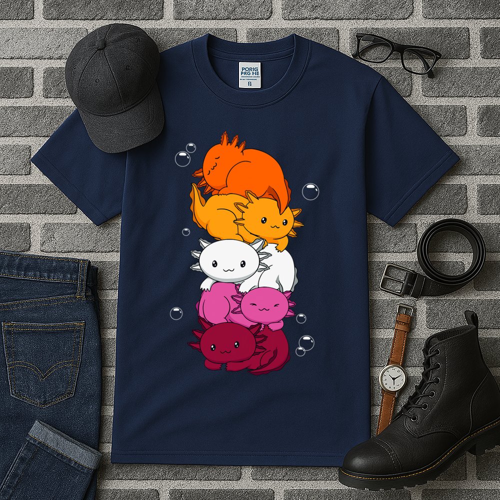 Kawaii Axolotl Pile Lesbian Pride Flag LGBTQ Tall T-Shirt