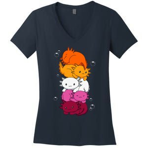 Kawaii Axolotl Pile Lesbian Pride Flag LGBTQ Women's V-Neck T-Shirt