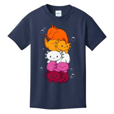 Kawaii Axolotl Pile Lesbian Pride Flag LGBTQ Kids T-Shirt