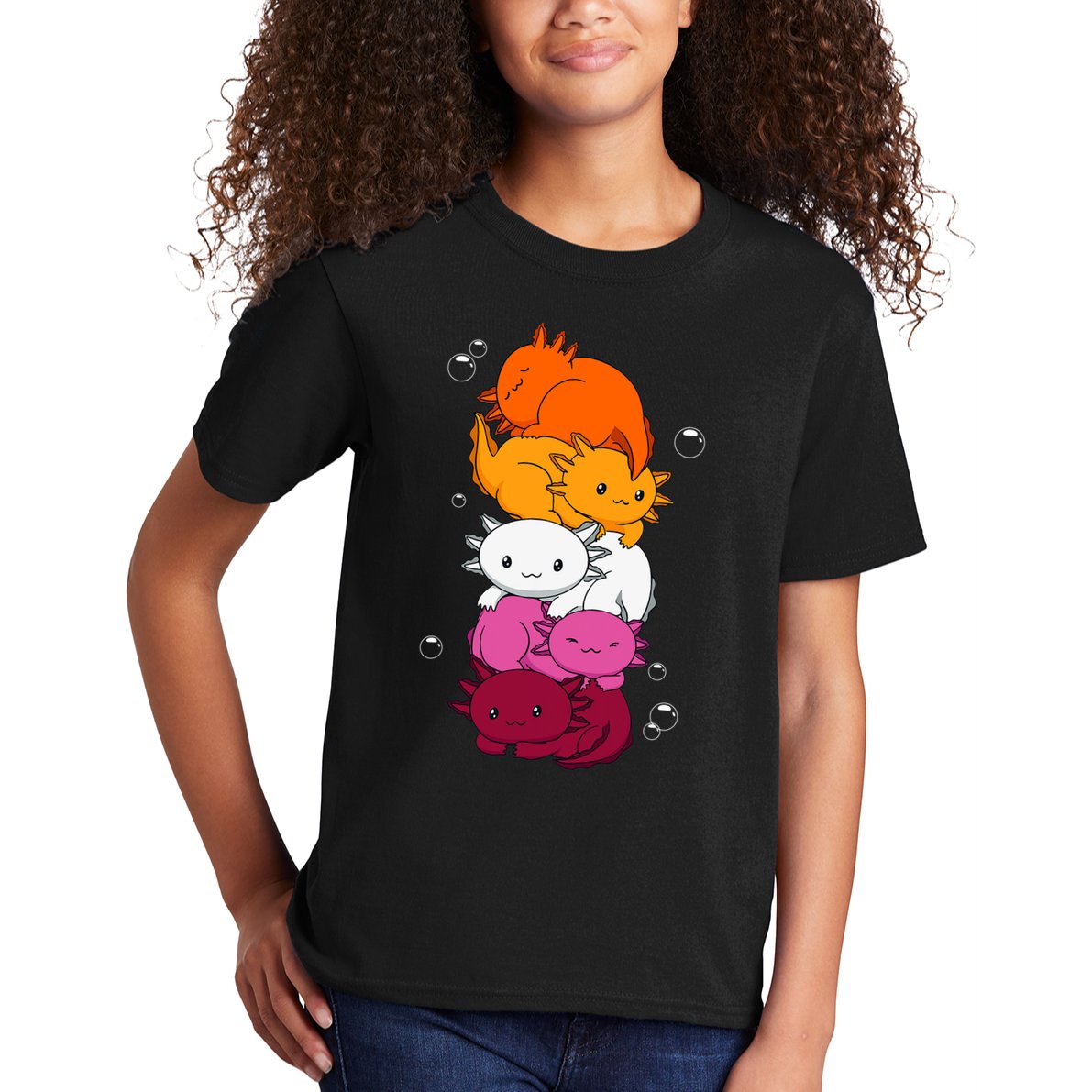 Kawaii Axolotl Pile Lesbian Pride Flag LGBTQ Kids T-Shirt