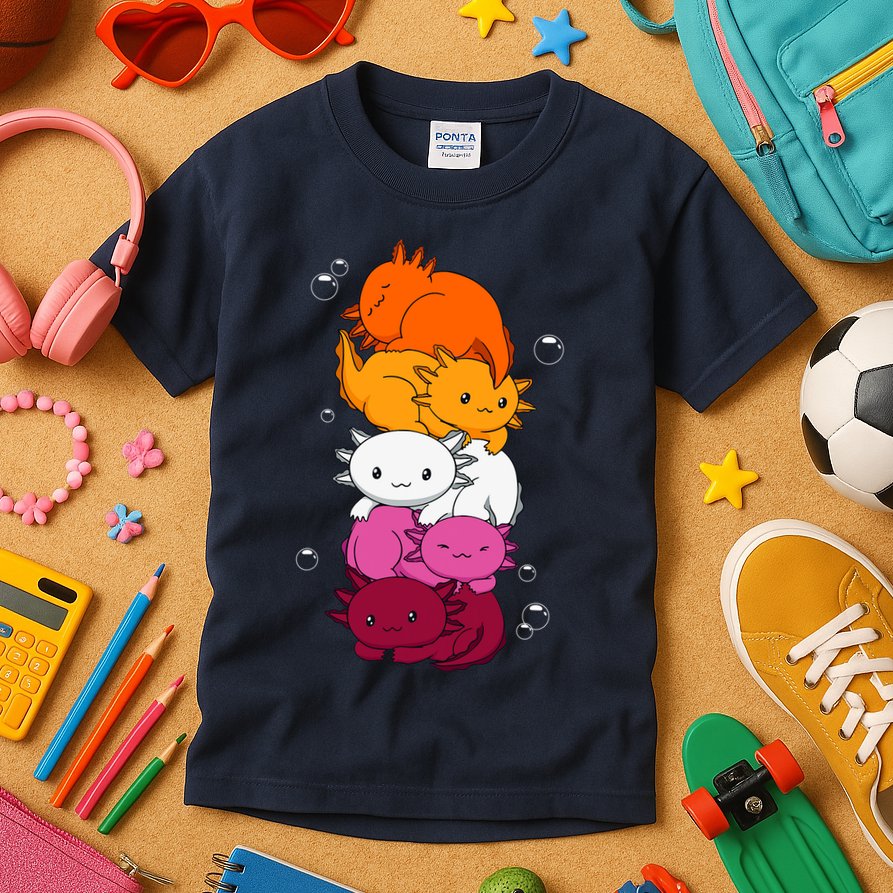 Kawaii Axolotl Pile Lesbian Pride Flag LGBTQ Kids T-Shirt