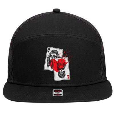 King And Queen Skull And Catrina Playing Cards Couple 7 Panel Mesh Trucker Snapback Hat