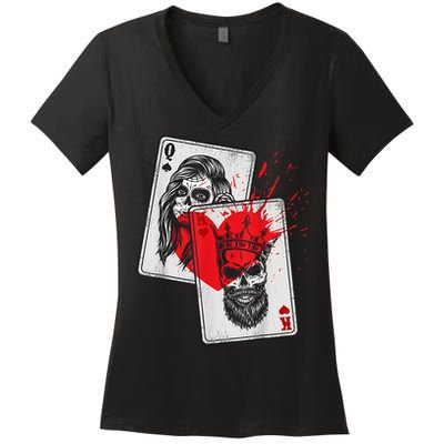 King And Queen Skull And Catrina Playing Cards Couple Women's V-Neck T-Shirt
