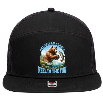 Ketchikan Alaska Salmon Fishing Bear Gift 7 Panel Mesh Trucker Snapback Hat