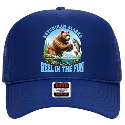 Ketchikan Alaska Salmon Fishing Bear Gift High Crown Mesh Back Trucker Hat