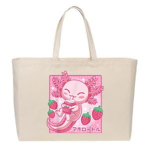 Kawaii Axolotl Strawberry Milk Shake Carton Japanese Anime Cotton Canvas Jumbo Tote