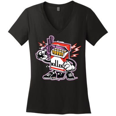 Killer Anti Smoking Cigarettes Funny Graffiti Cartoon Women's V-Neck T-Shirt