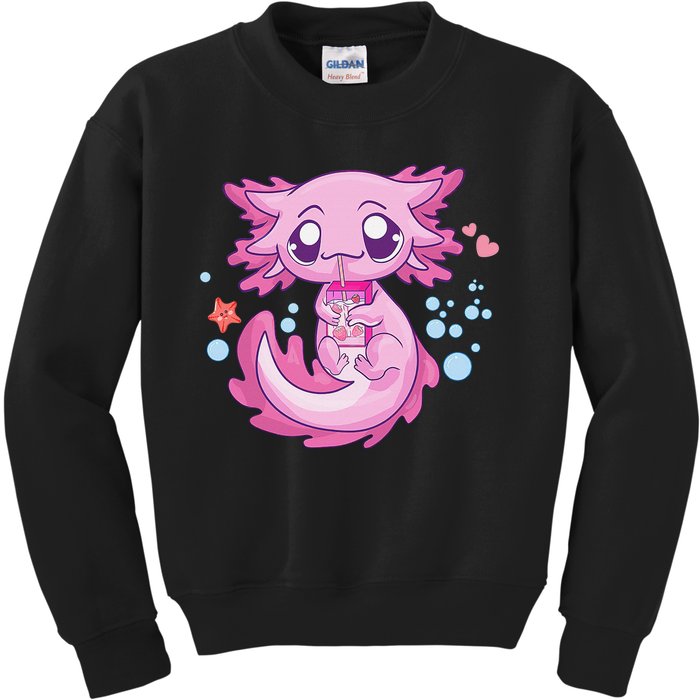 Kawaii Axolotl Strawberry Milk Shake Anime  Kids Sweatshirt