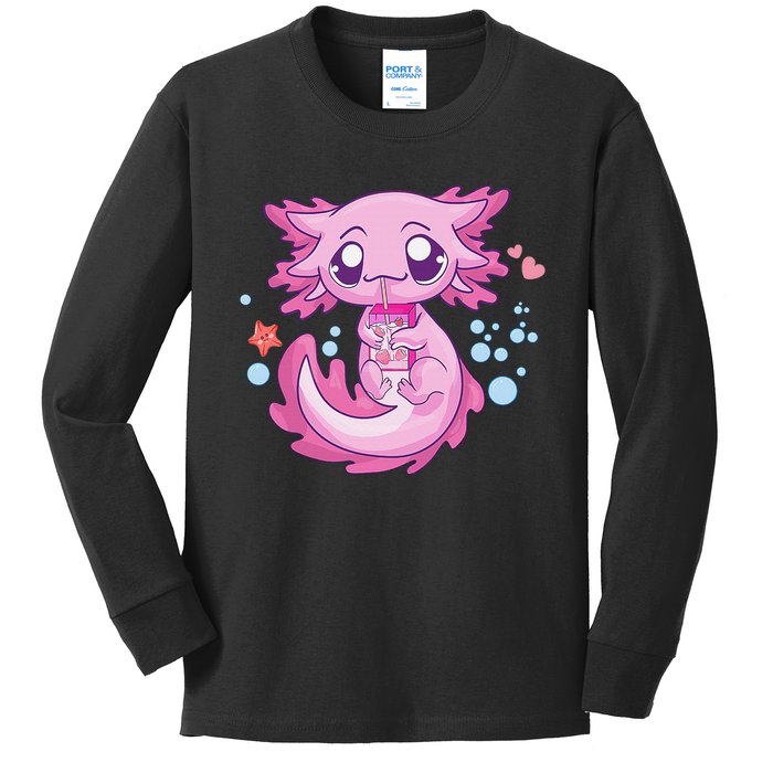 Kawaii Axolotl Strawberry Milk Shake Anime  Kids Long Sleeve Shirt