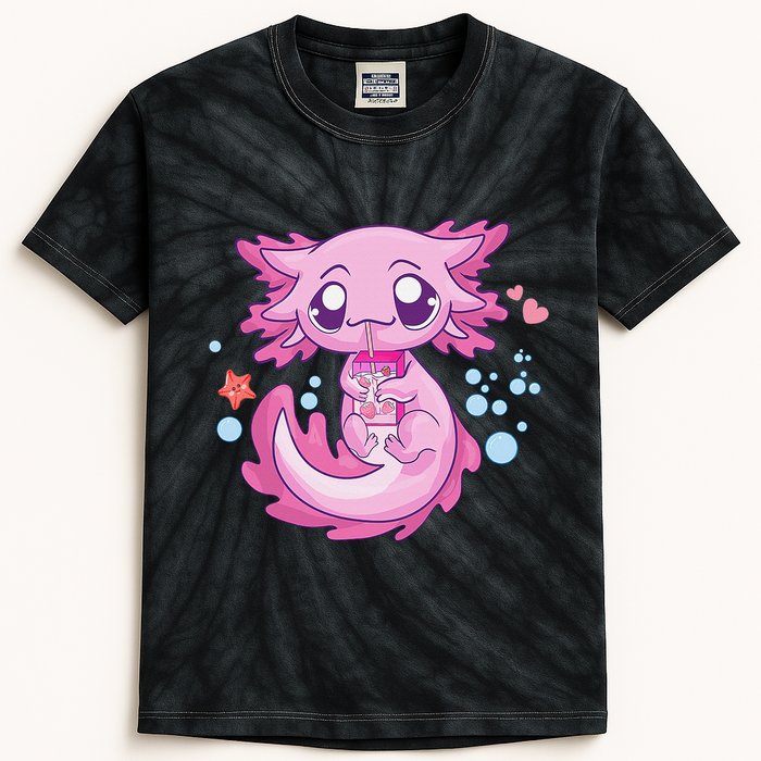 Kawaii Axolotl Strawberry Milk Shake Anime  Kids Tie-Dye T-Shirt