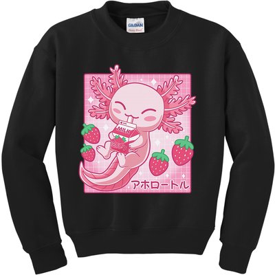 Kawaii Axolotl Strawberry Milk Shake Carton Japanese Anime  Kids Sweatshirt