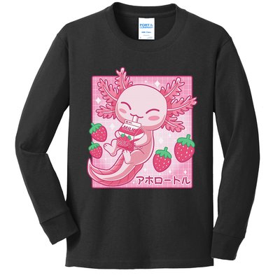 Kawaii Axolotl Strawberry Milk Shake Carton Japanese Anime  Kids Long Sleeve Shirt