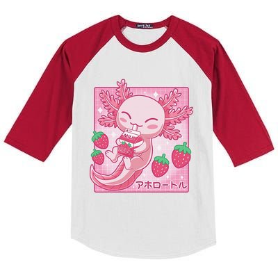 Kawaii Axolotl Strawberry Milk Shake Carton Japanese Anime  Kids Colorblock Raglan Jersey