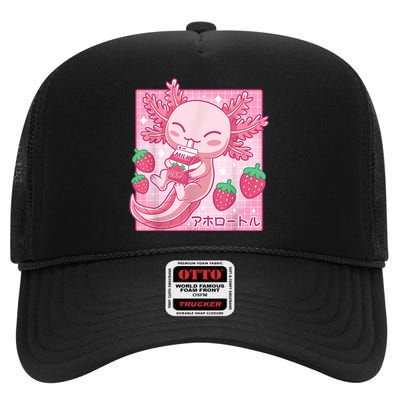 Kawaii Axolotl Strawberry Milk Shake Carton Japanese Anime High Crown Mesh Back Trucker Hat