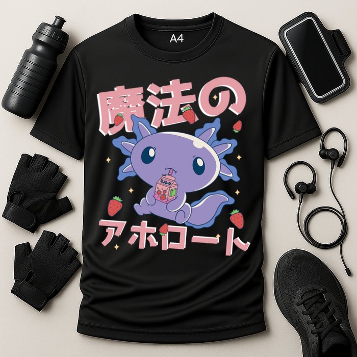 Kawaii Axolotl Strawberry Milk Shake Japanese Anime Cooling Performance Crew T-Shirt
