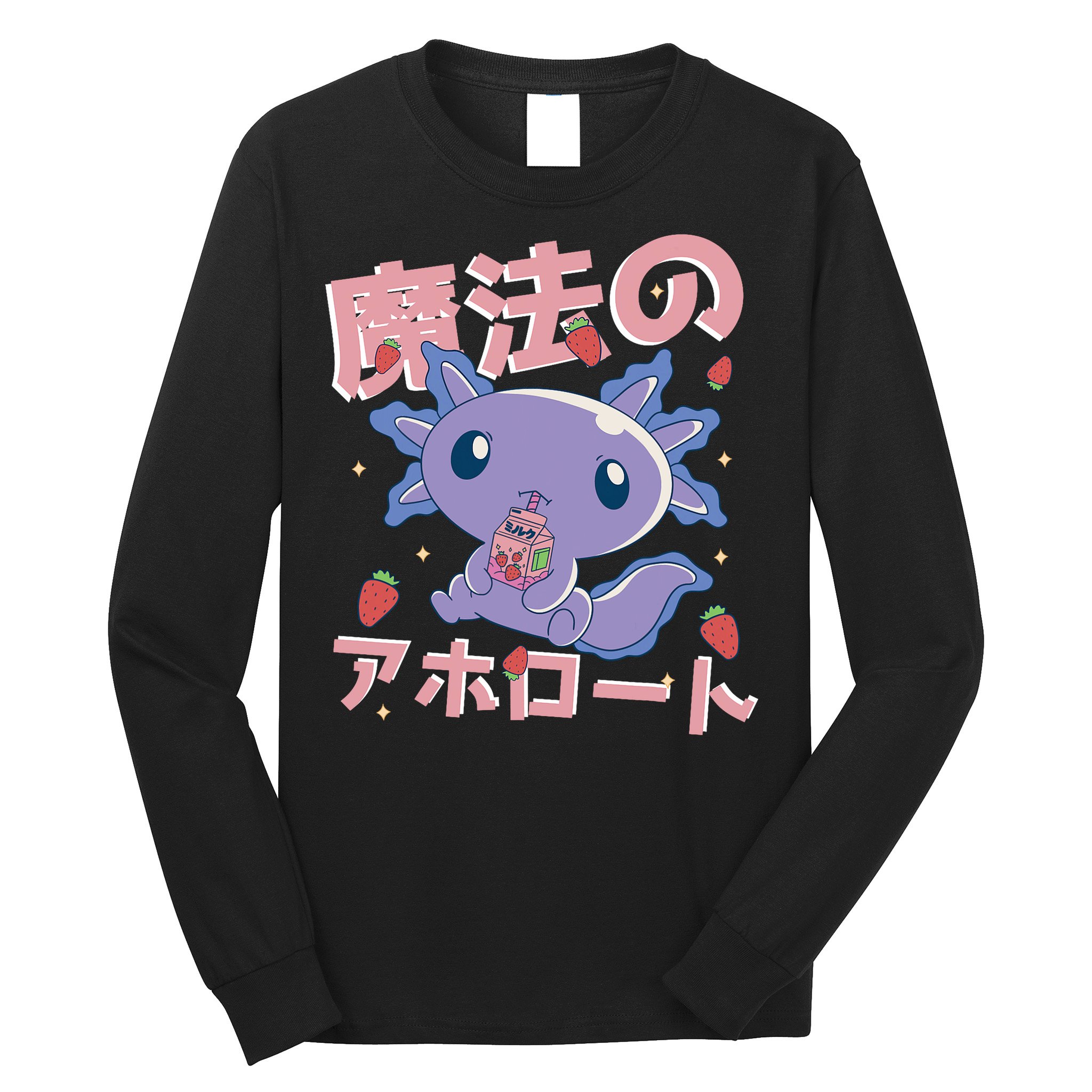 Kawaii Axolotl Strawberry Milk Shake Japanese Anime Long Sleeve Shirt