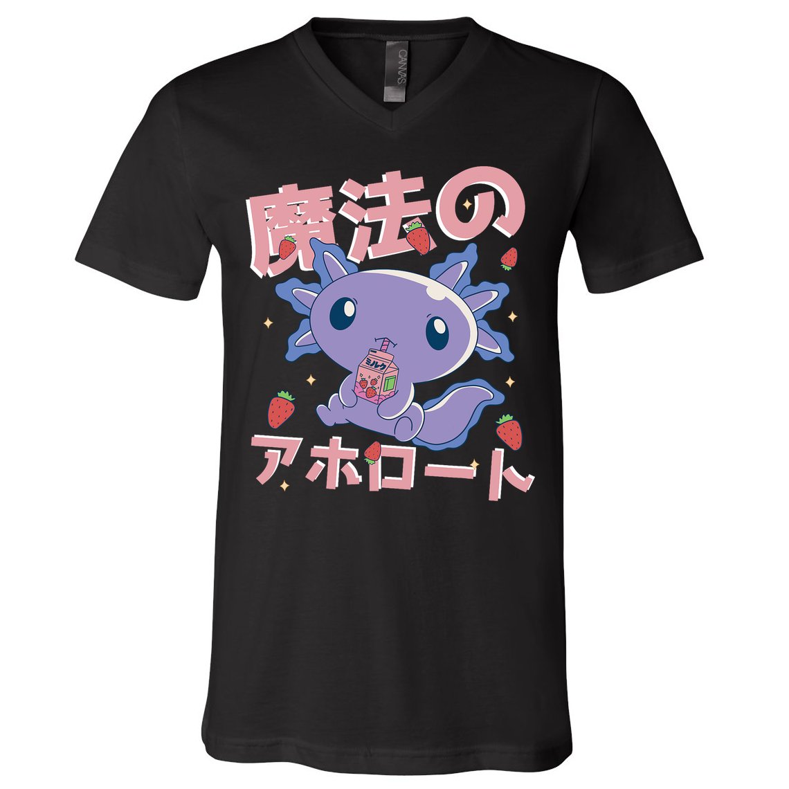 Kawaii Axolotl Strawberry Milk Shake Japanese Anime V-Neck T-Shirt