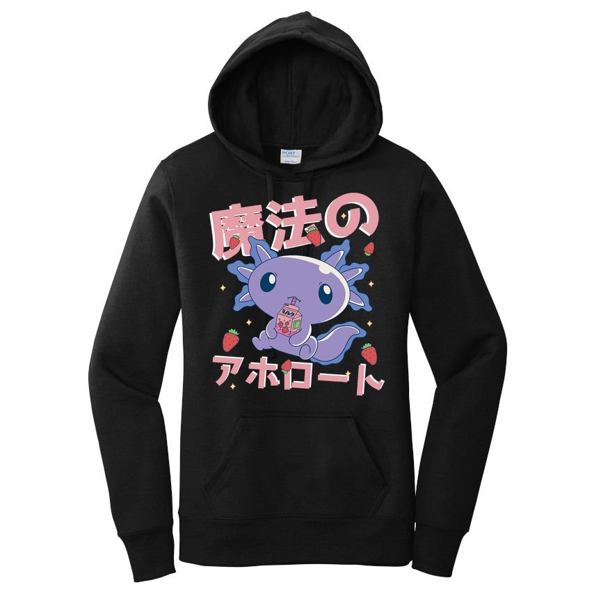 Kawaii Axolotl Strawberry Milk Shake Japanese Anime Women's Pullover Hoodie