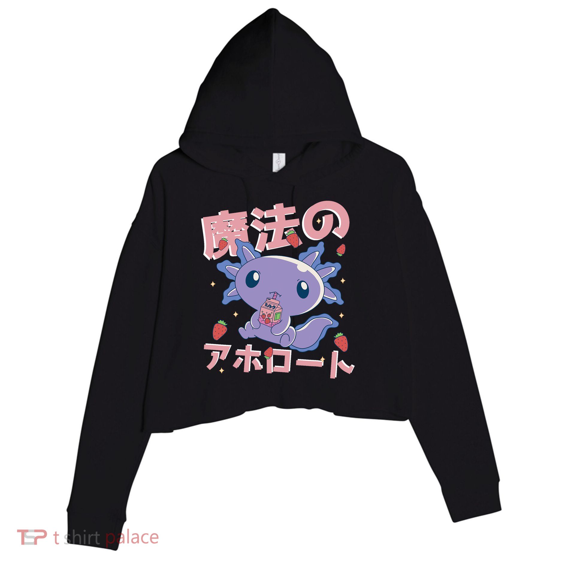 Kawaii Axolotl Strawberry Milk Shake Japanese Anime Crop Fleece Hoodie