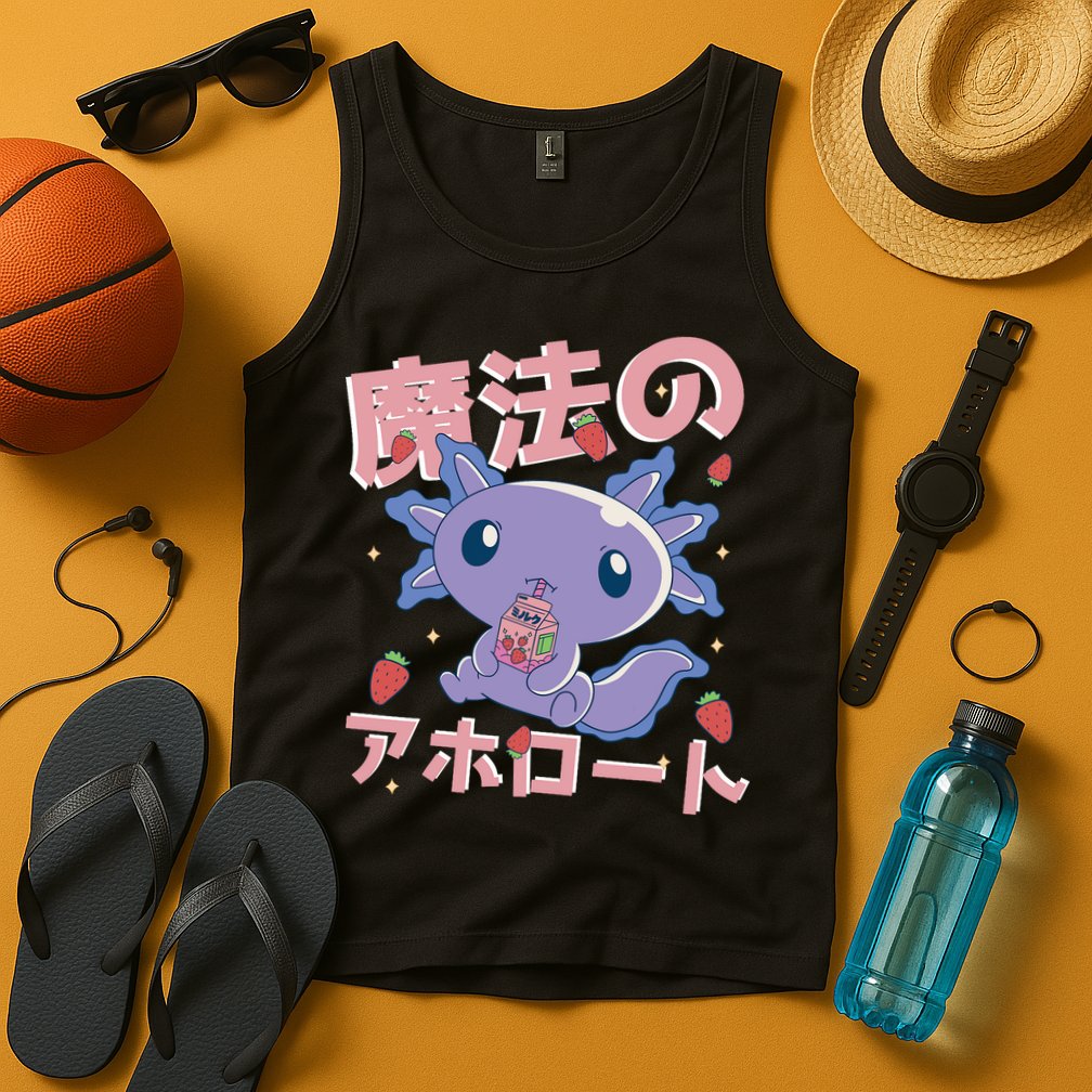 Kawaii Axolotl Strawberry Milk Shake Japanese Anime Tank Top